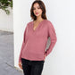 Long Sleeve Waffle Knit Top Notched Neckline Chest Pocket