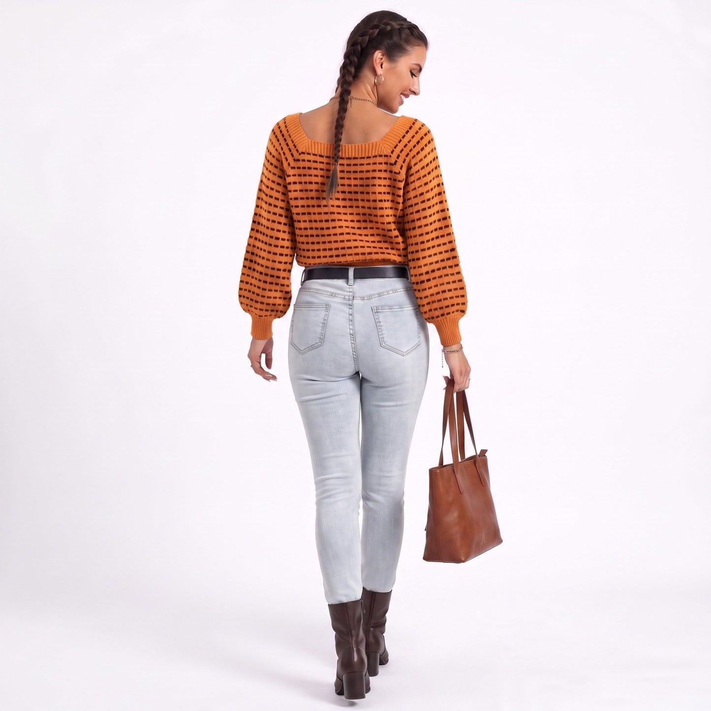 Square Neck Textured Stripe Balloon Sleeve Knit Sweater
