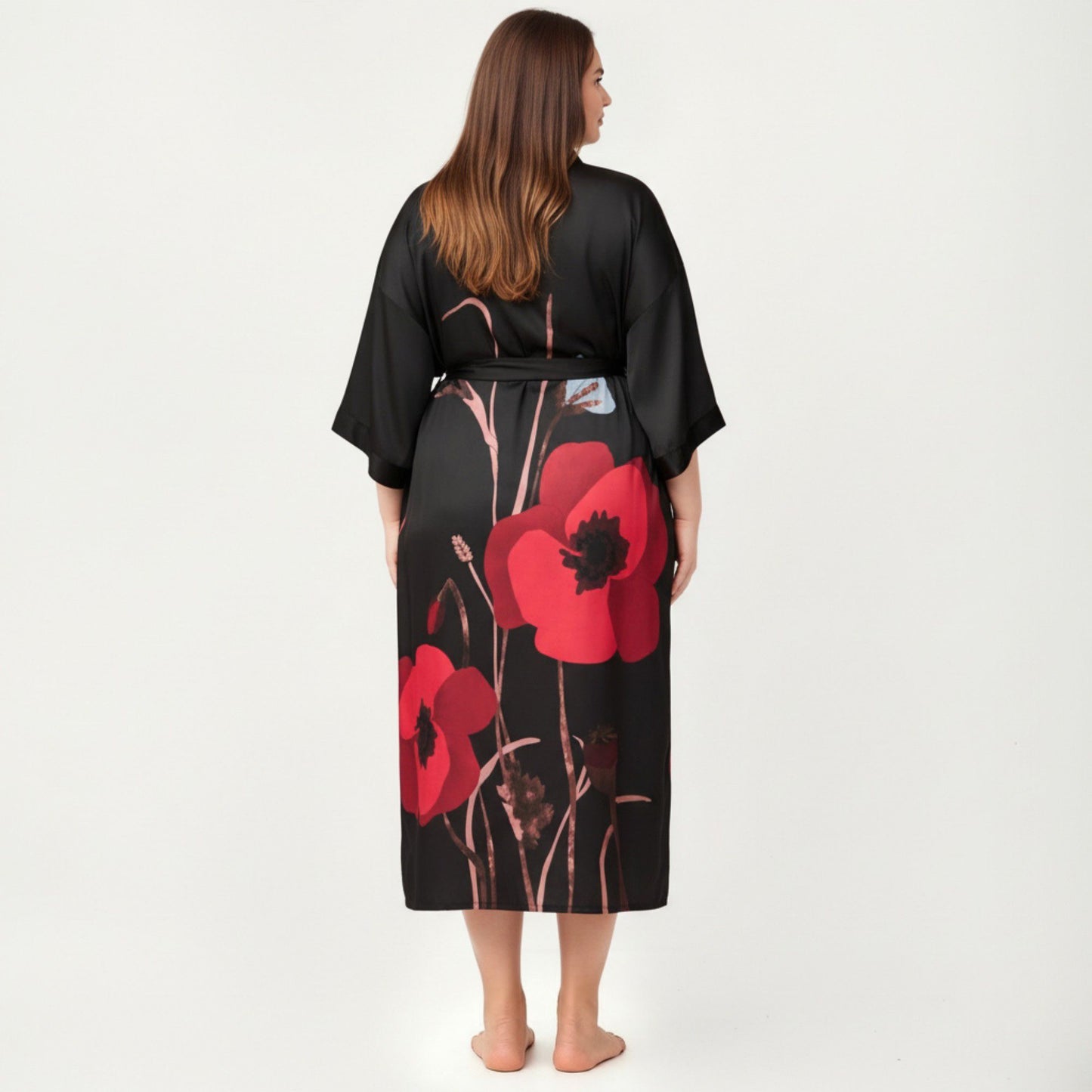 Plus Size 2-Piece Floral Kimono Robe Set with Short Sleeve Open Front Longline Cover Up and Matching Inner Dress