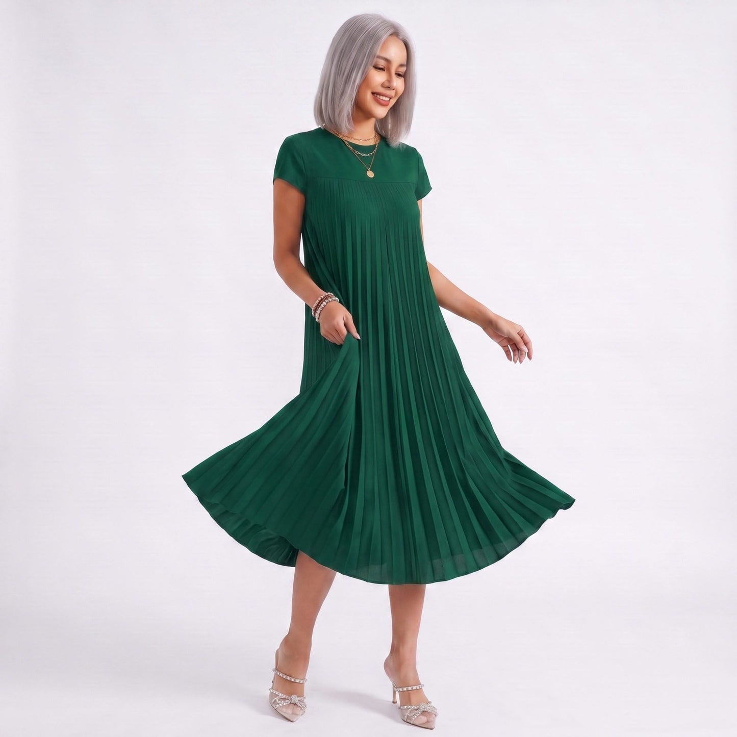 Crew Neck Short Sleeve Accordion Pleated Midi Dress