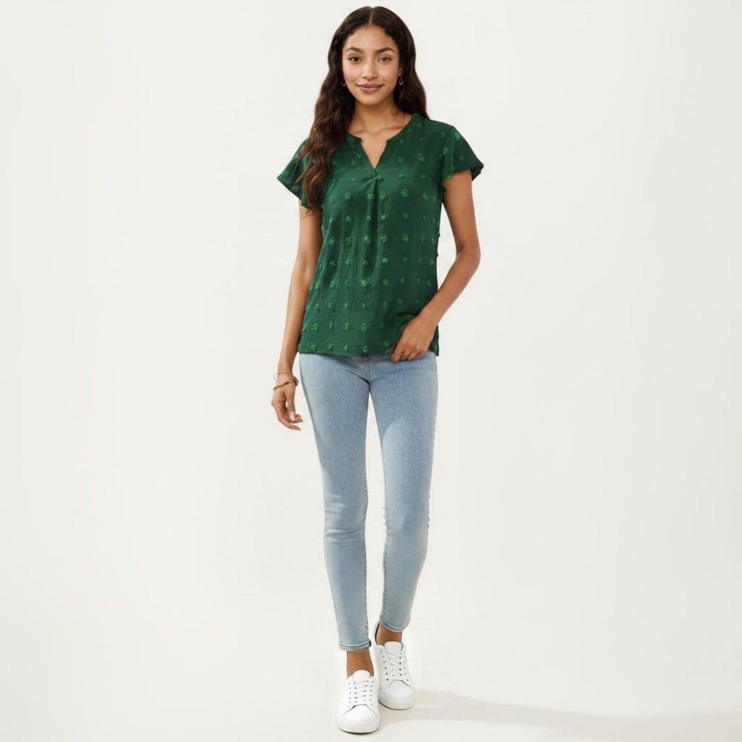 Short Sleeve Swiss Dot Top with Split Neckline and Soft Textured Fabric
