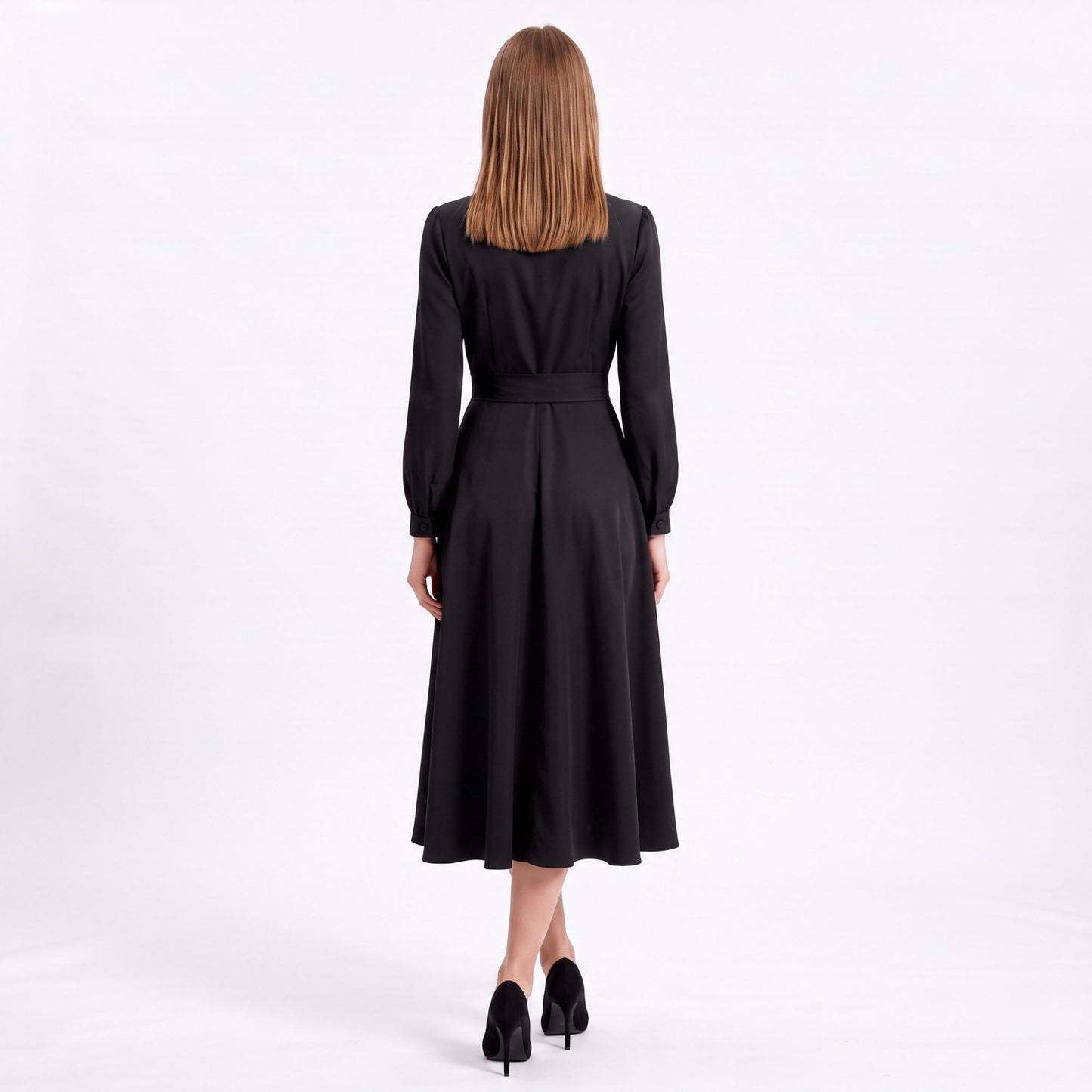 Long Sleeve Notched Collar Midi Dress with Defined Waist and Flared Skirt
