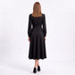 Long Sleeve Notched Collar Midi Dress with Defined Waist and Flared Skirt
