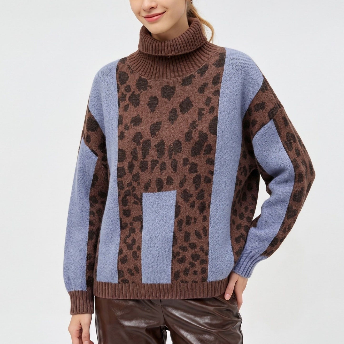 Animal Print Color Block Turtleneck Sweater