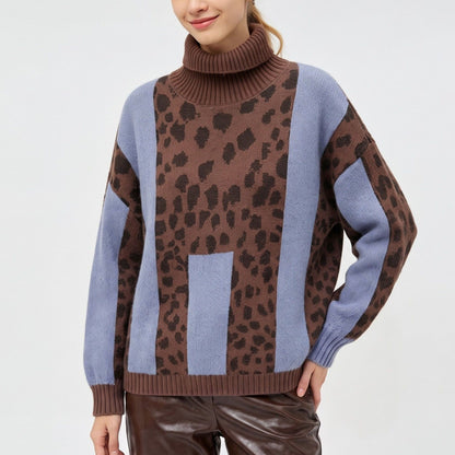 Animal Print Color Block Turtleneck Sweater