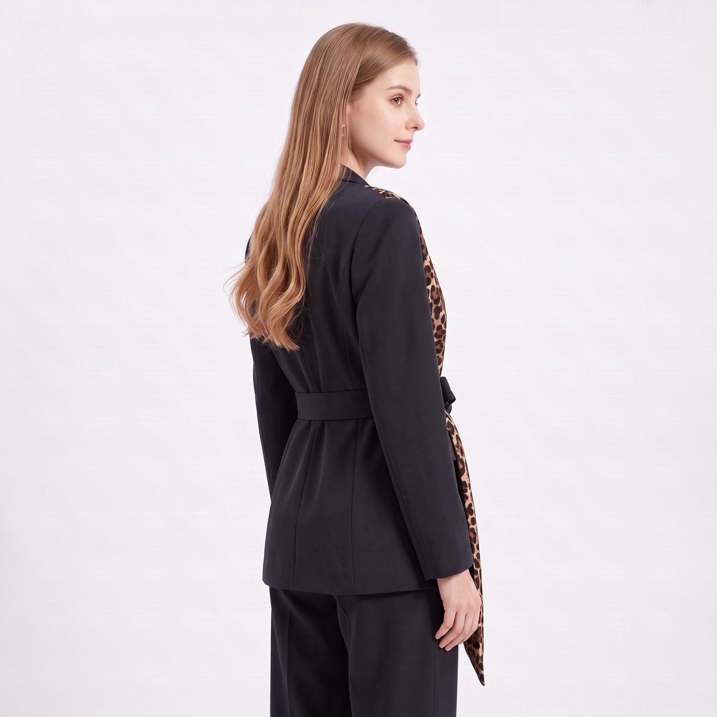 Long Sleeve Blazer and Pants Two Piece Set with Draped Scarf Detail