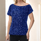 Off-Shoulder Sequin Short Sleeve Top with Relaxed Fit