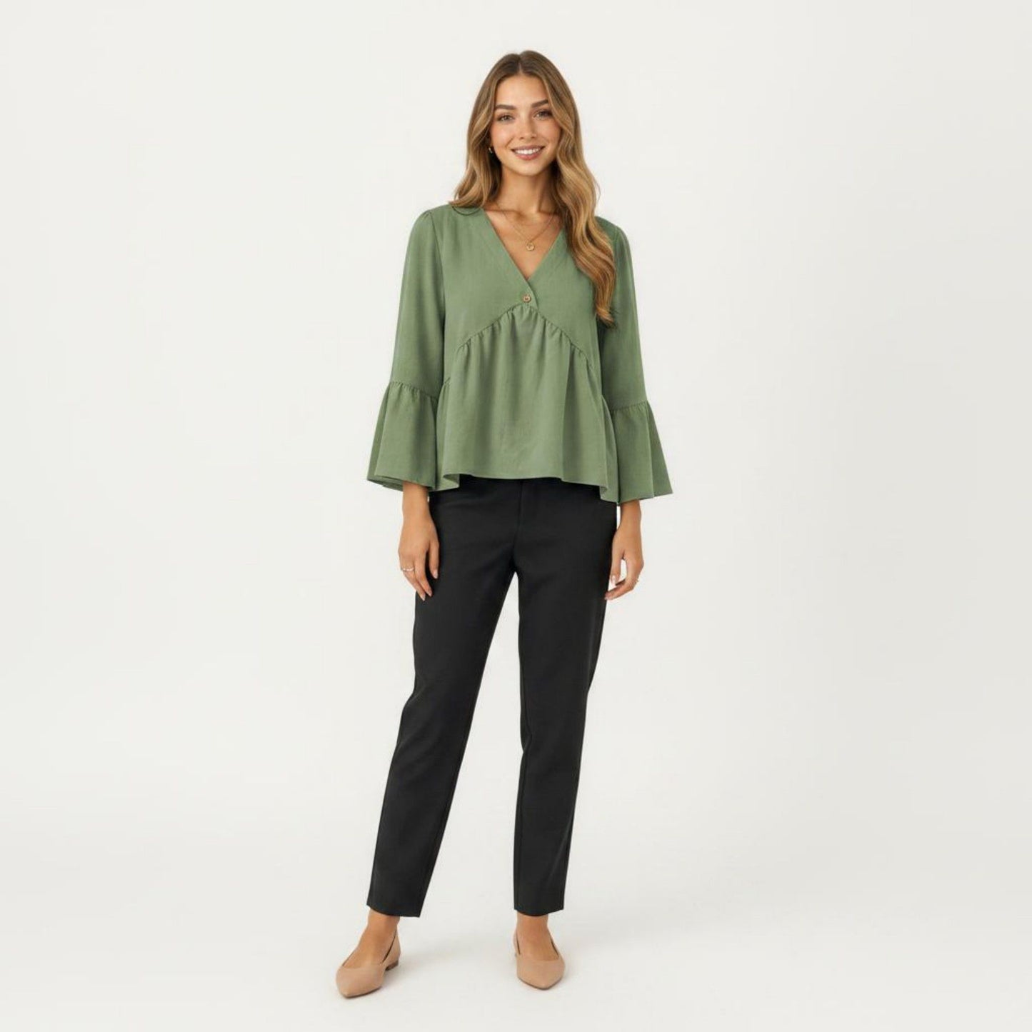 V-Neck Bell Sleeve Peplum Blouse with Button Detail and Gathered Waist