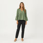V-Neck Bell Sleeve Peplum Blouse with Button Detail and Gathered Waist