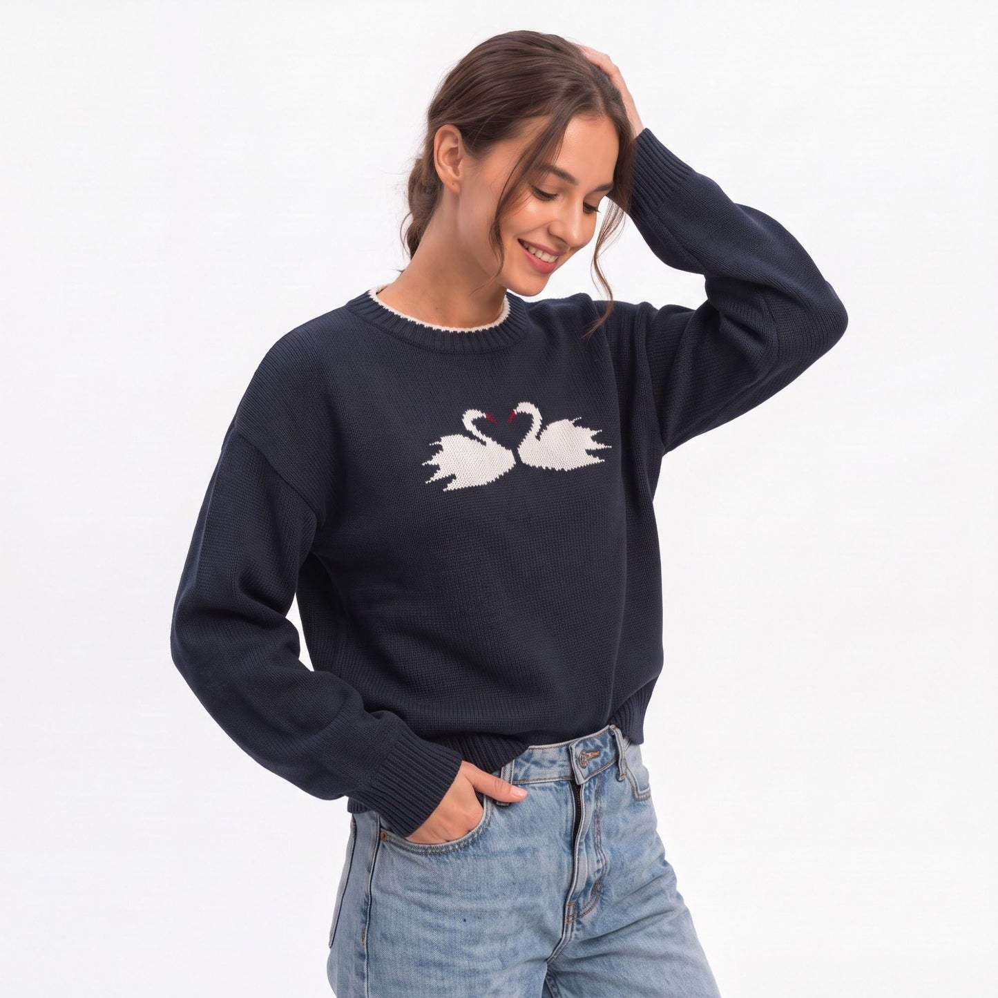 Swan Graphic Crewneck Long Sleeve Pullover Sweater
