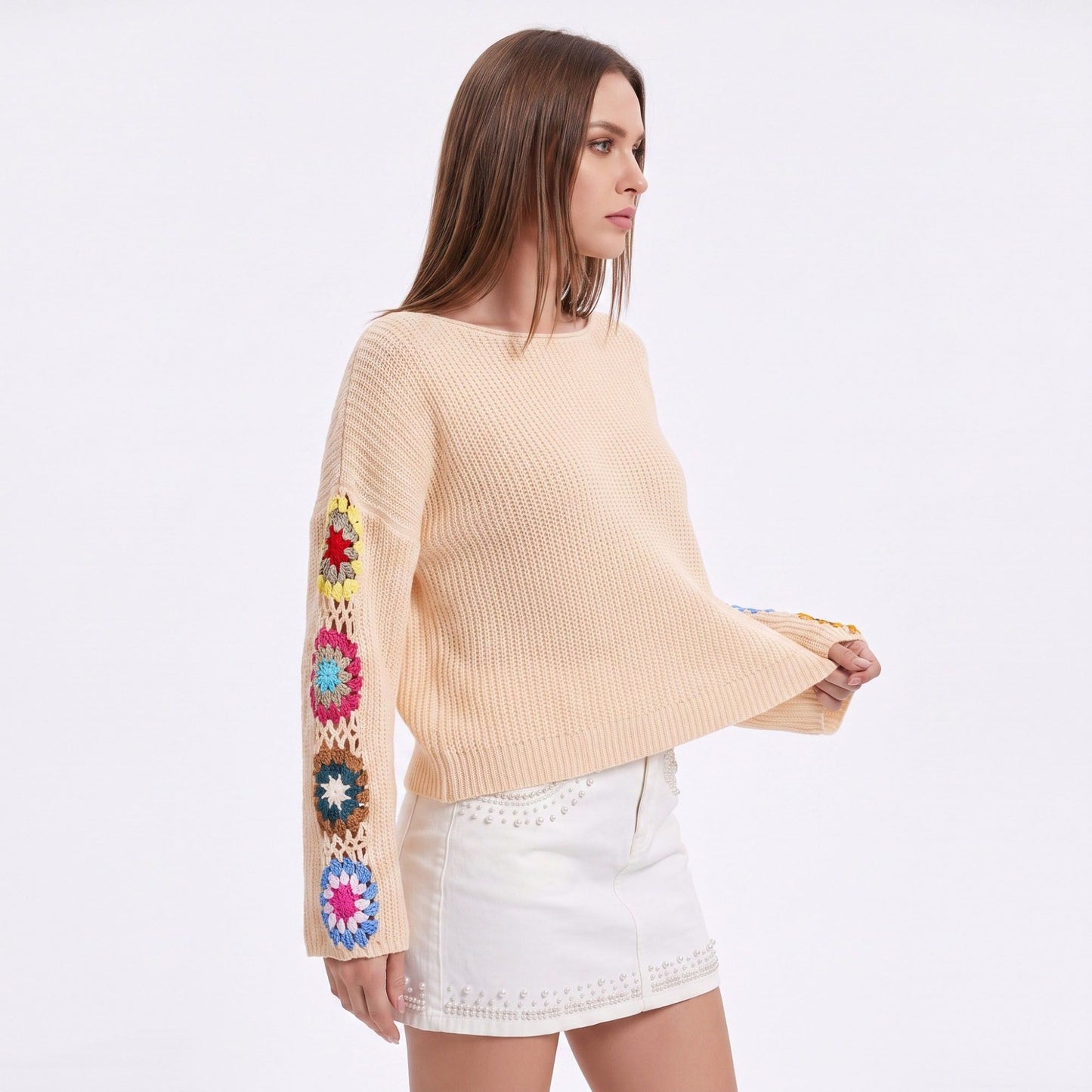 Crochet Floral Sleeve Knit Pullover Sweater with Long Sleeves