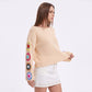 Crochet Floral Sleeve Knit Pullover Sweater with Long Sleeves