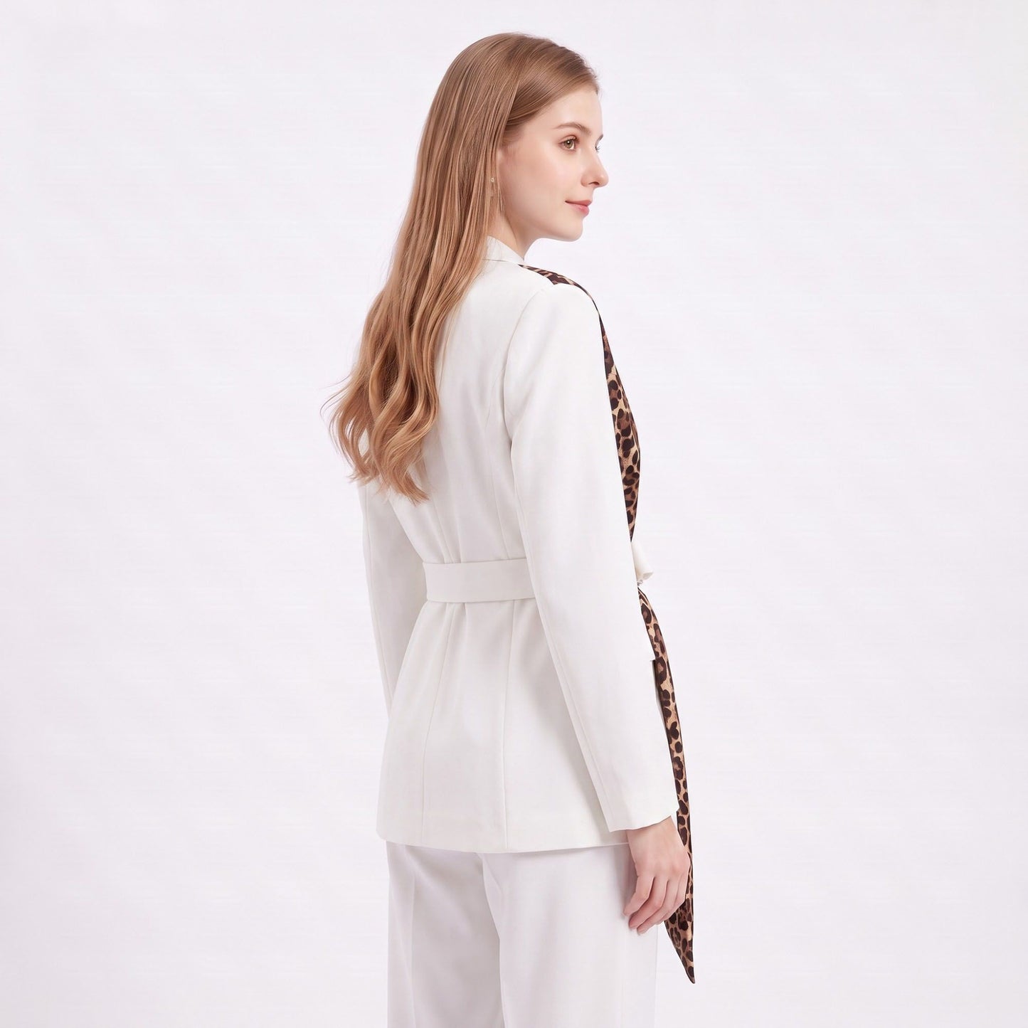 Long Sleeve Blazer and Pants Two Piece Set with Draped Scarf Detail