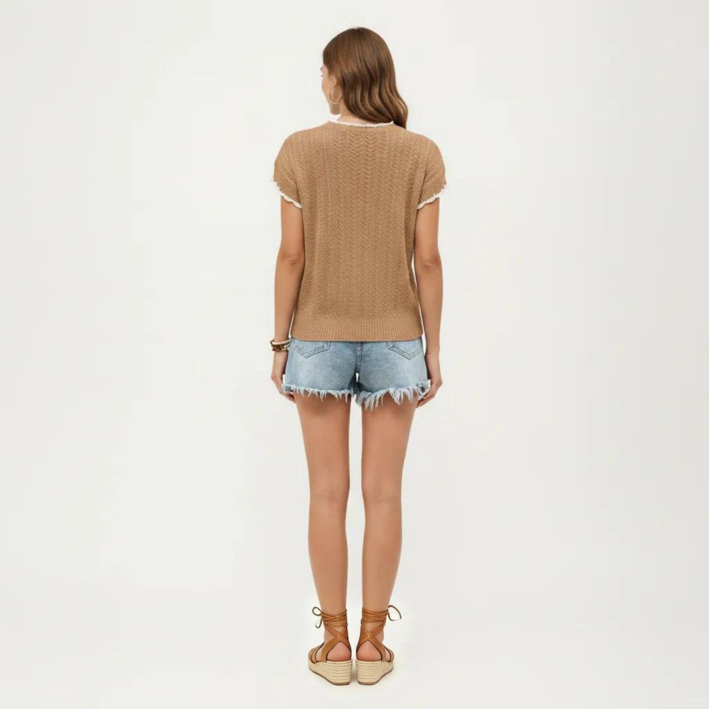 Short Sleeve Knit Cardigan Top with V-Neck Tie Front and Contrast Trim