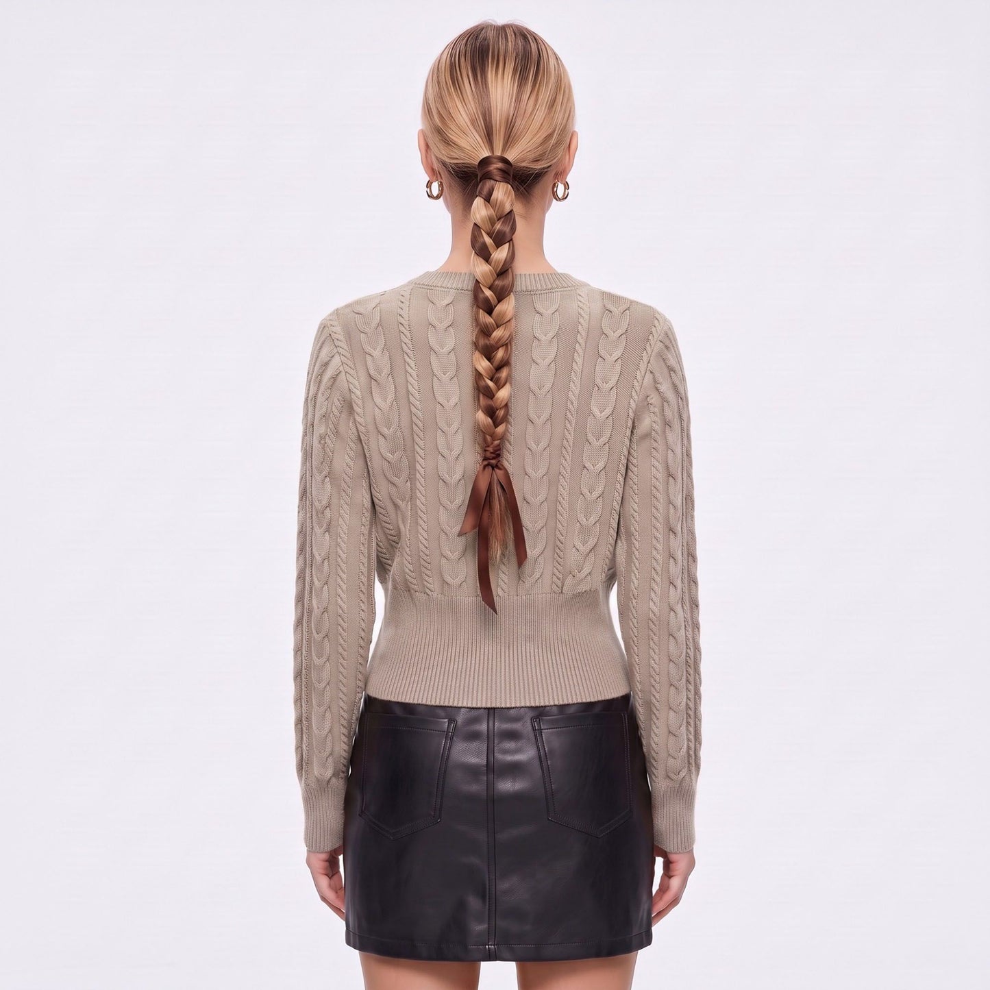 Cable Knit Crewneck Sweater with Front Zipper