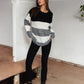 Off-Shoulder Color Block Knit Sweater with Long Sleeves