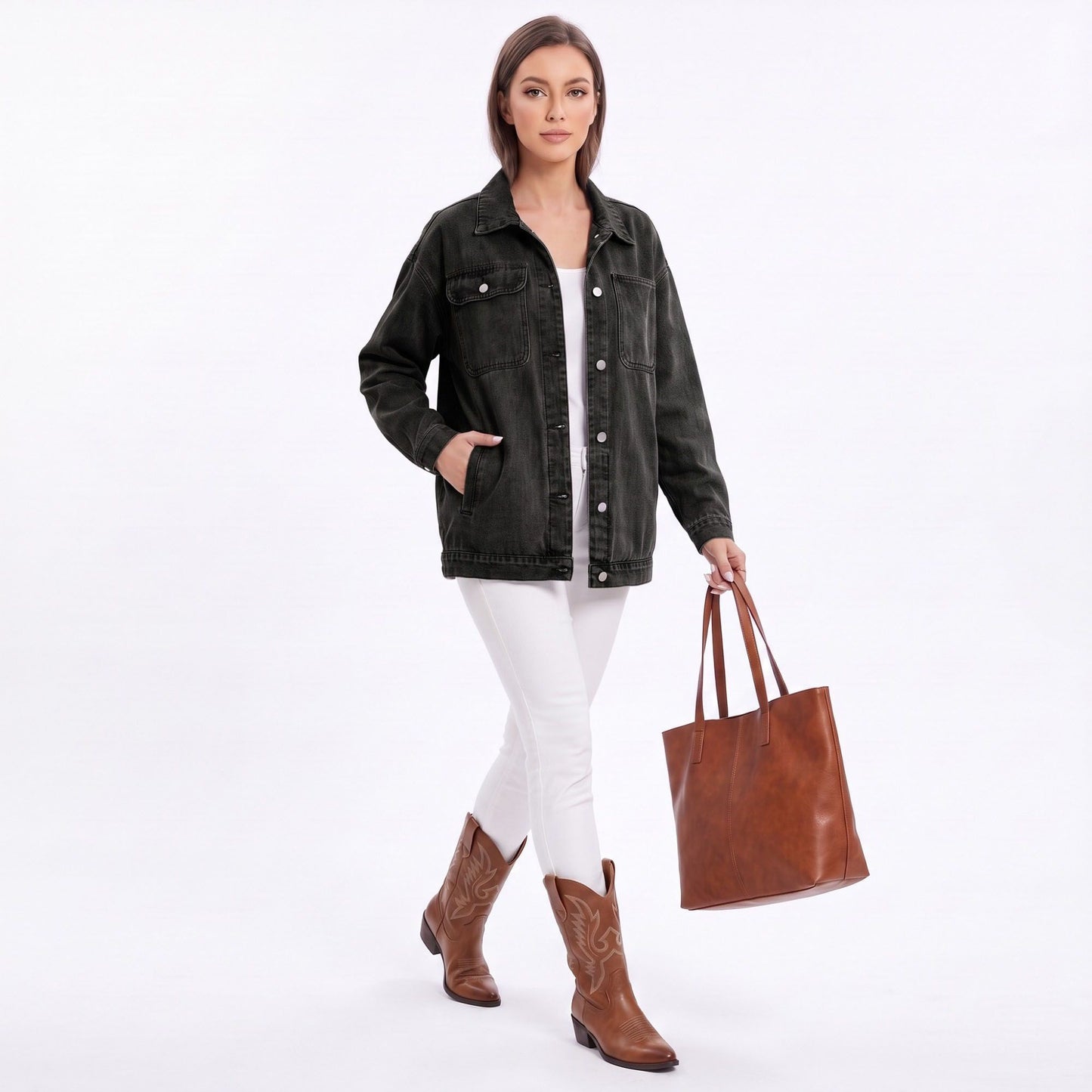 Oversized Denim Jacket Button Front Long Sleeve Casual Jean Shacket With Pockets