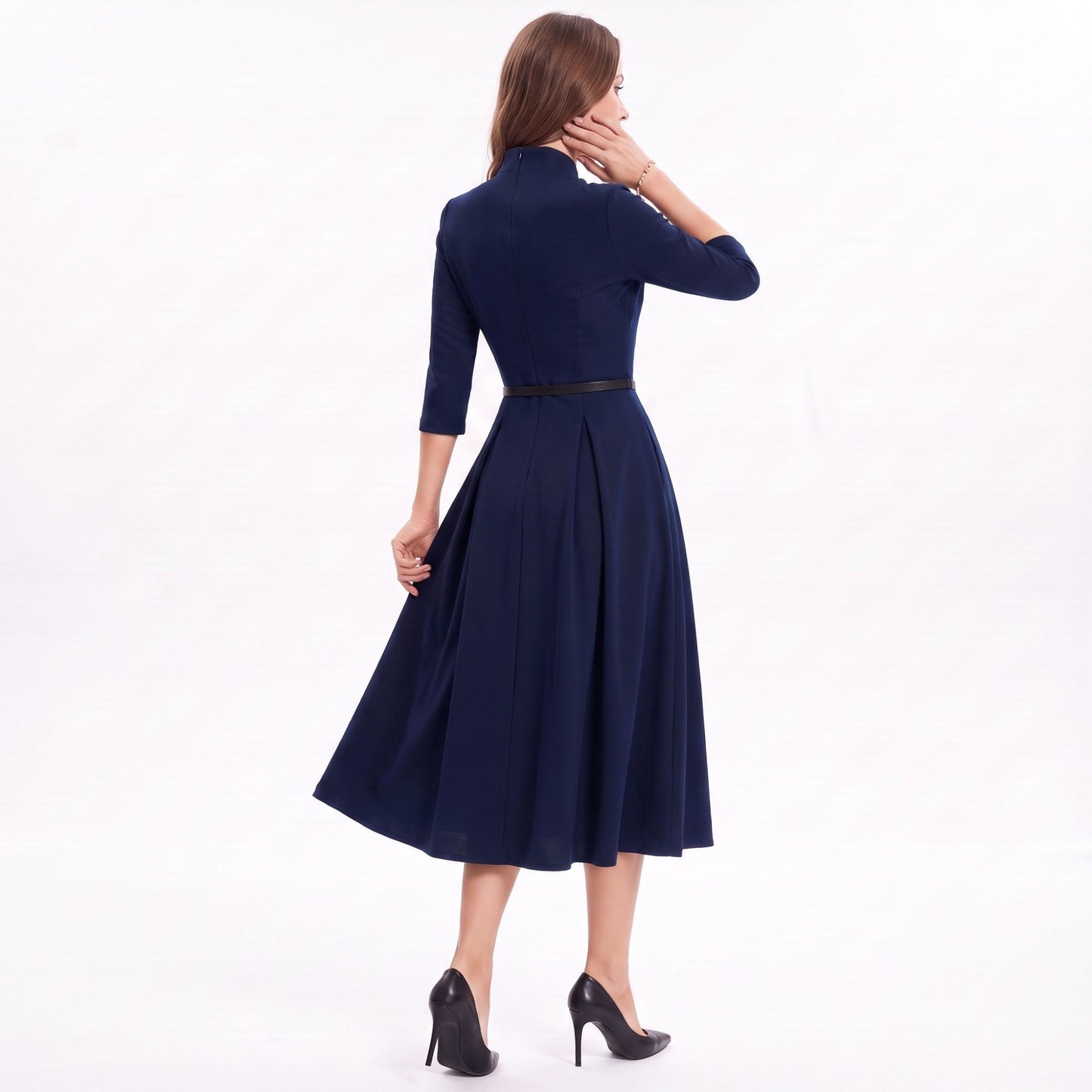 Three Quarter Sleeve Belted Midi Dress with Pleated A Line Skirt