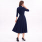 Three Quarter Sleeve Belted Midi Dress with Pleated A Line Skirt
