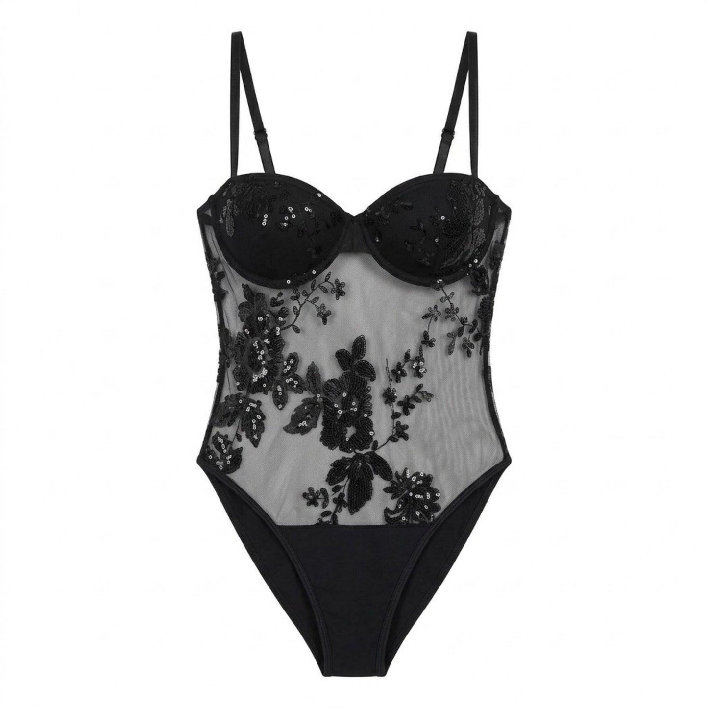 Floral Sequin Mesh Bodysuit with Underwire Cups and Adjustable Straps