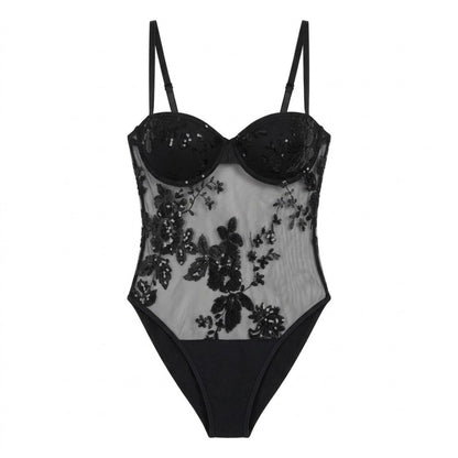 Floral Sequin Mesh Bodysuit with Underwire Cups and Adjustable Straps