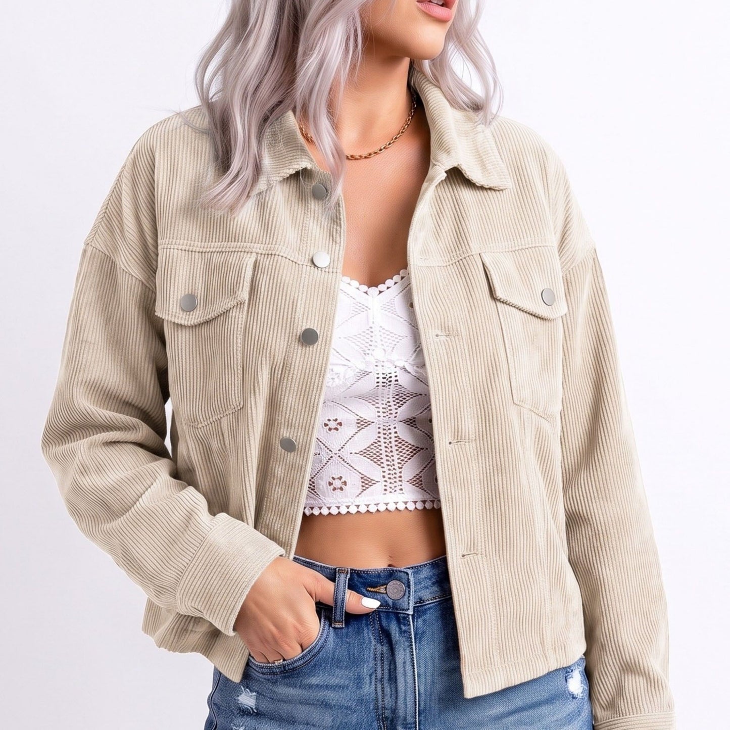 Cropped Button Front Shirt Jacket with Patch Pockets