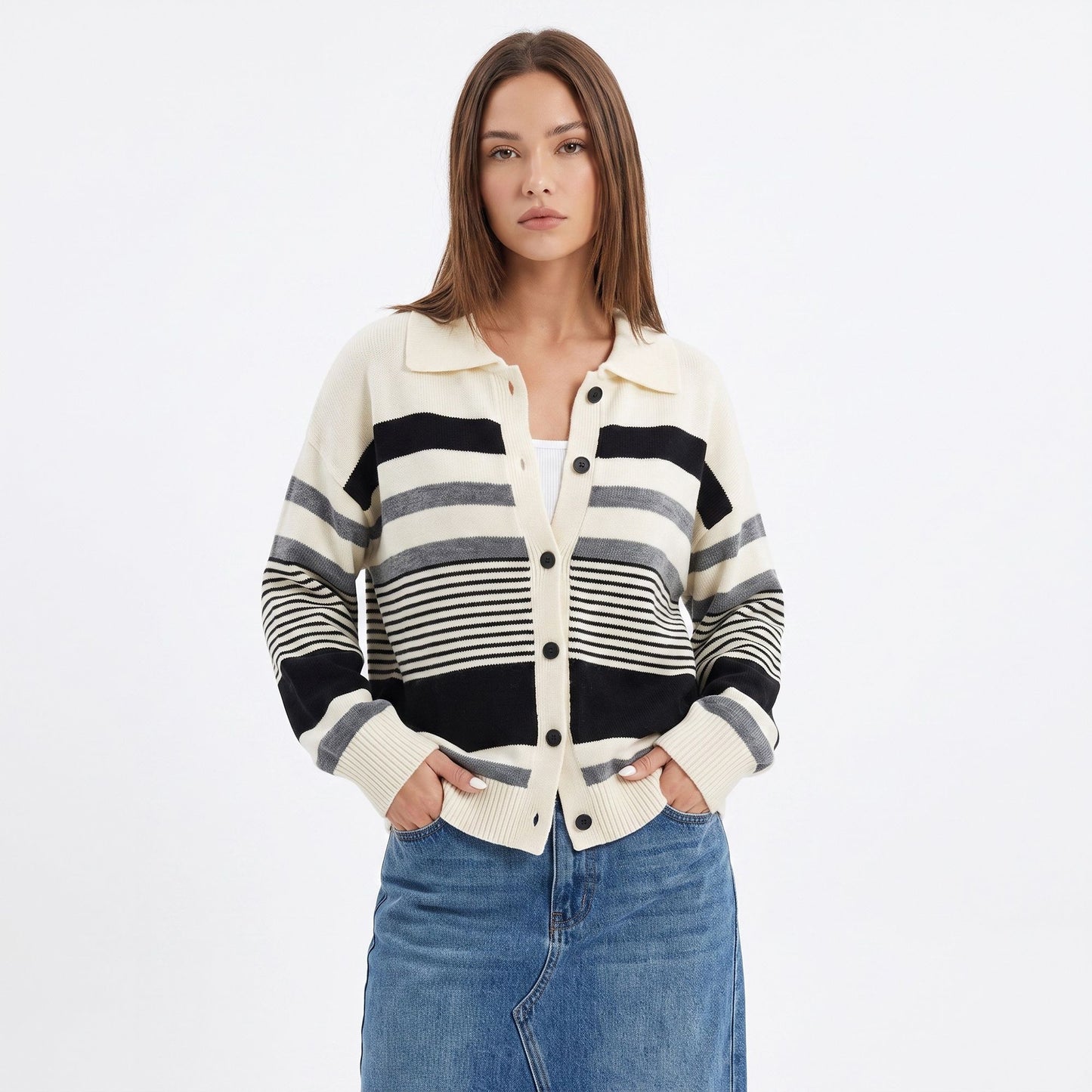 Striped Collared Button Front Knit Cardigan Sweater