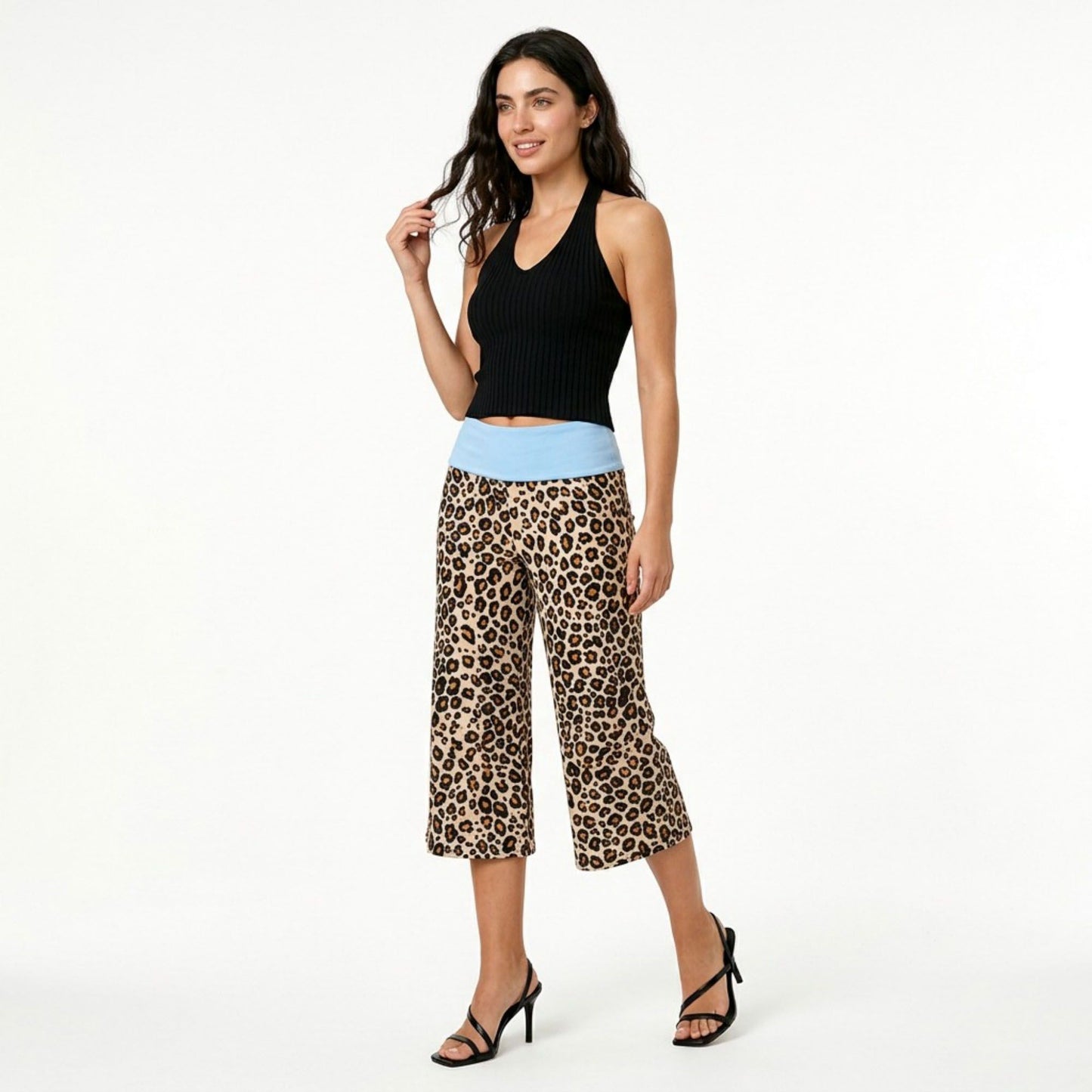 Contrast Foldover Waistband Leopard Print Cropped Trousers