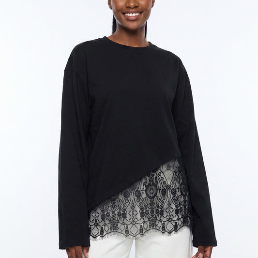 Asymmetrical Lace Hem Long Sleeve Top