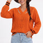 Cutout V Neck Cable Knit Long Sleeve Sweater with Contrast Stripe Trim