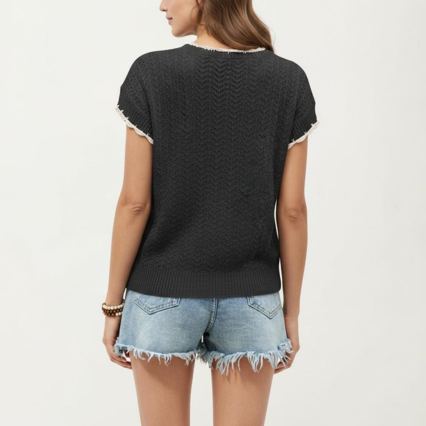 Short Sleeve Knit Cardigan Top with V-Neck Tie Front and Contrast Trim