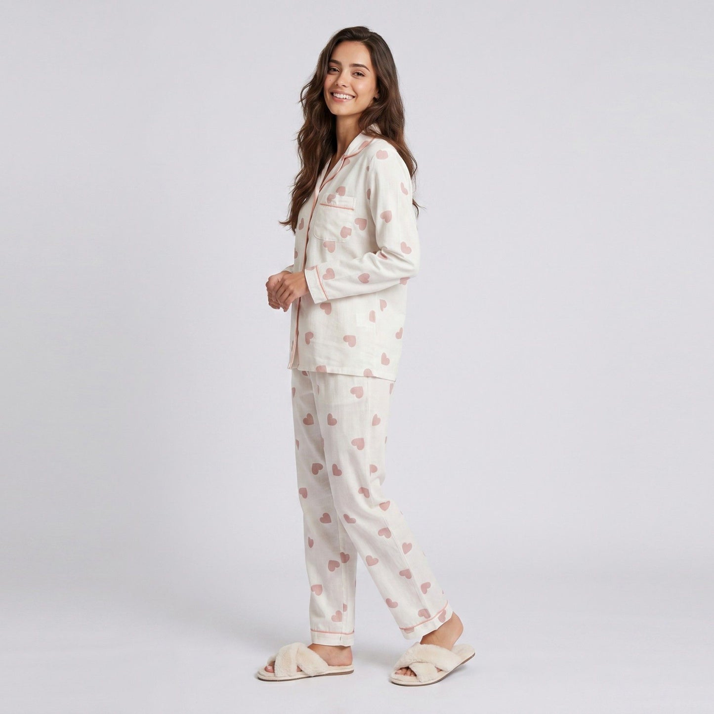 2-Piece Set Heart Print Button Front Pajama Top and Straight Leg Lounge Pants
