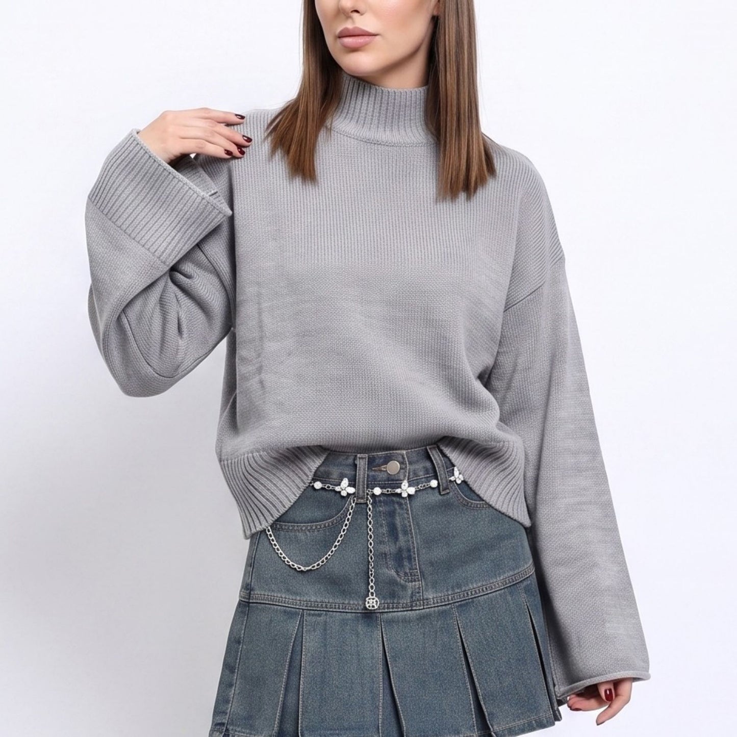 Turtleneck Bell Sleeve Relaxed Fit Knit Sweater