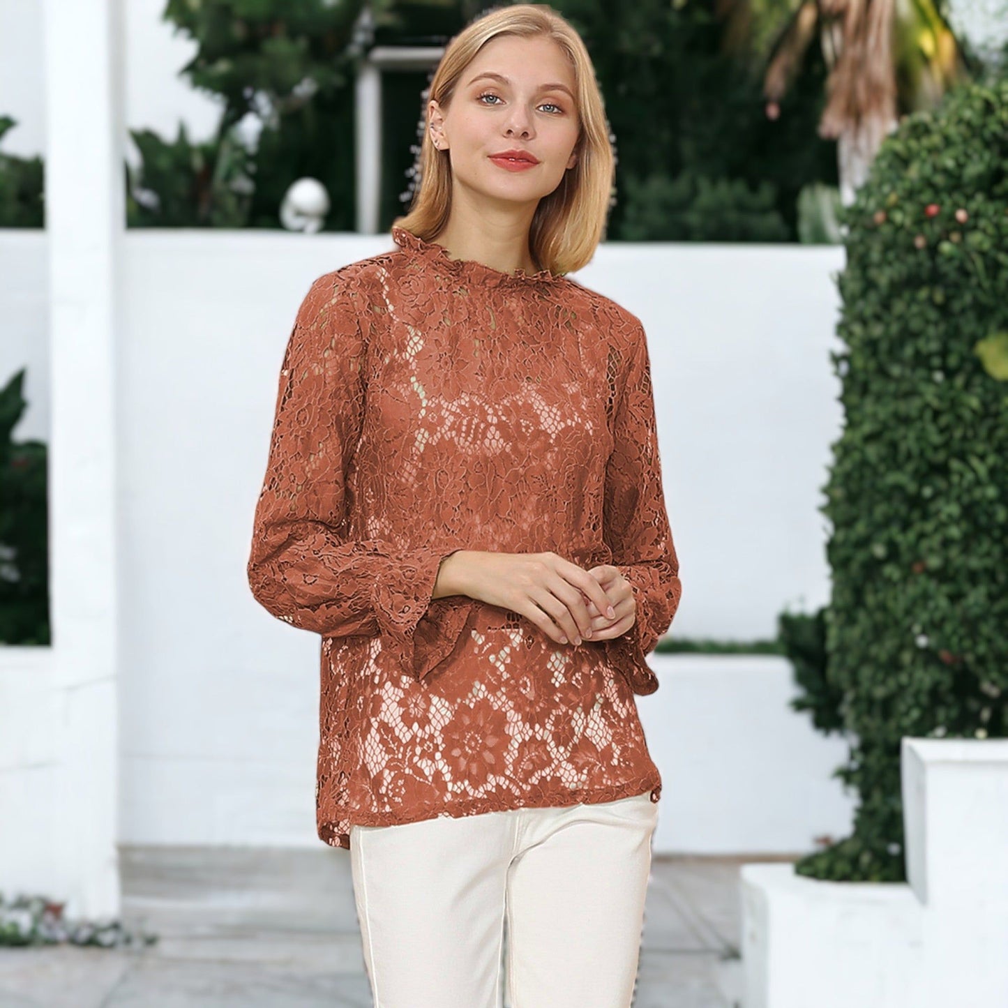 Layering Lace Puffed Sleeve Sheer Top