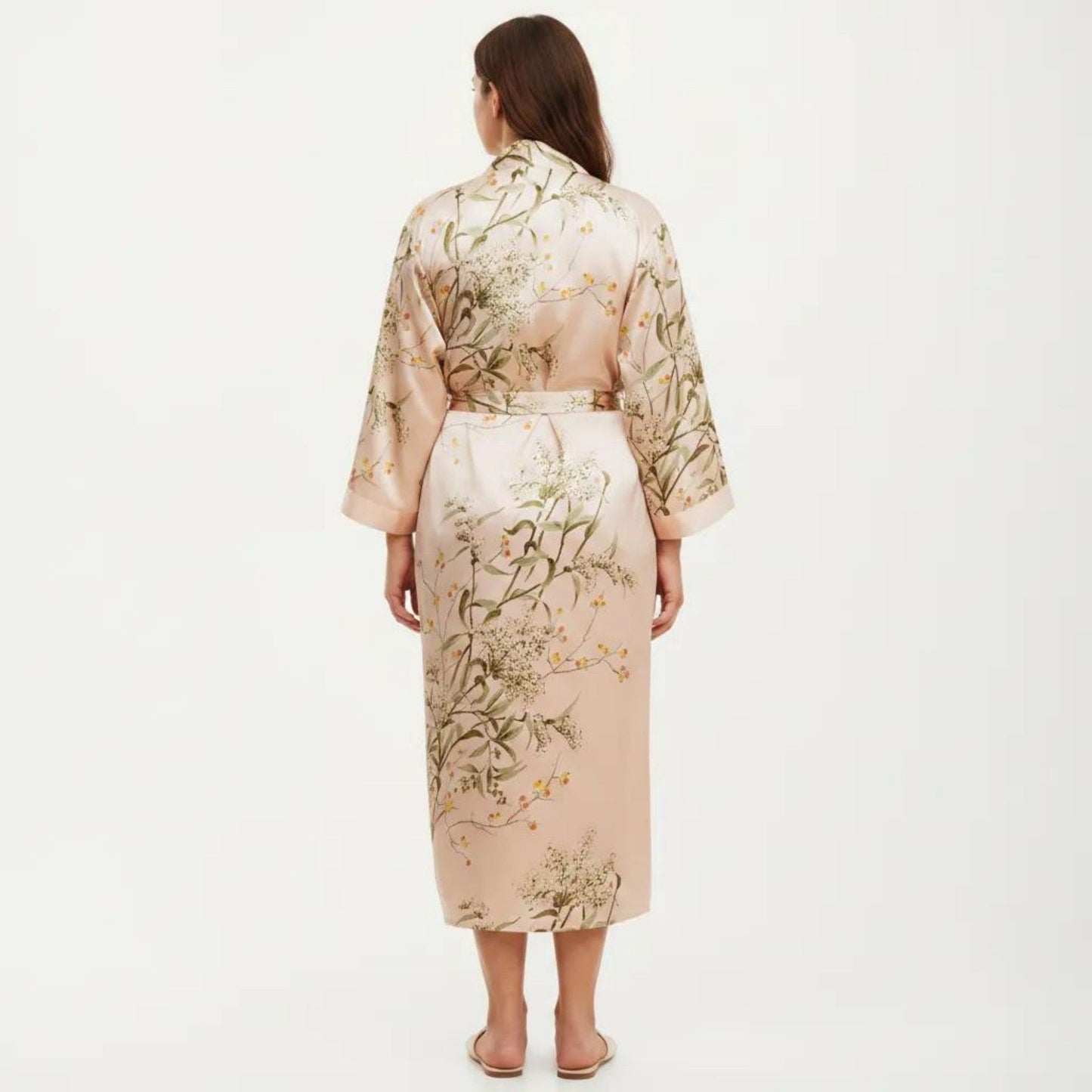 Plus Size Satin Floral Kimono Robe with Self Tie Belt Longline Open Front Lightweight Sleepwear