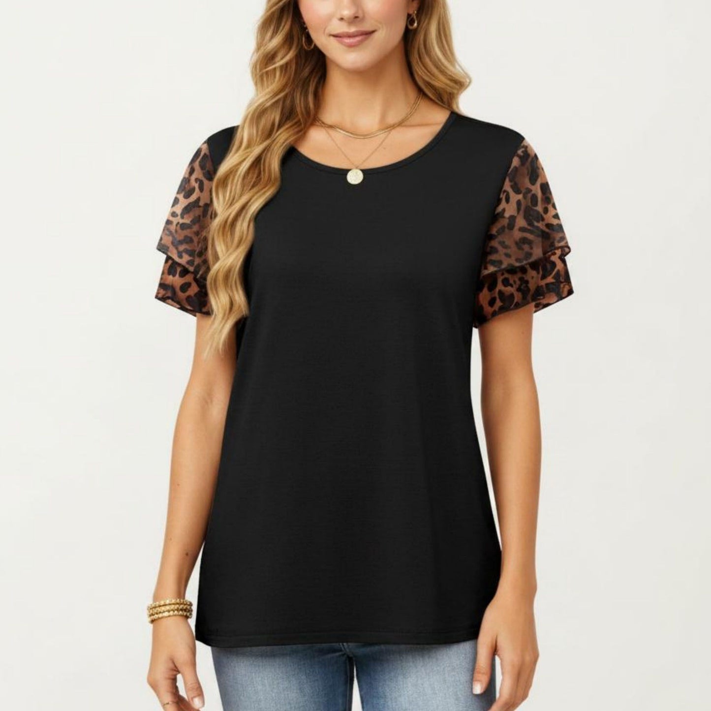 Short Sleeve Top with Leopard Print Mesh Sleeves Round Neck Relaxed Fit Casual Shirt