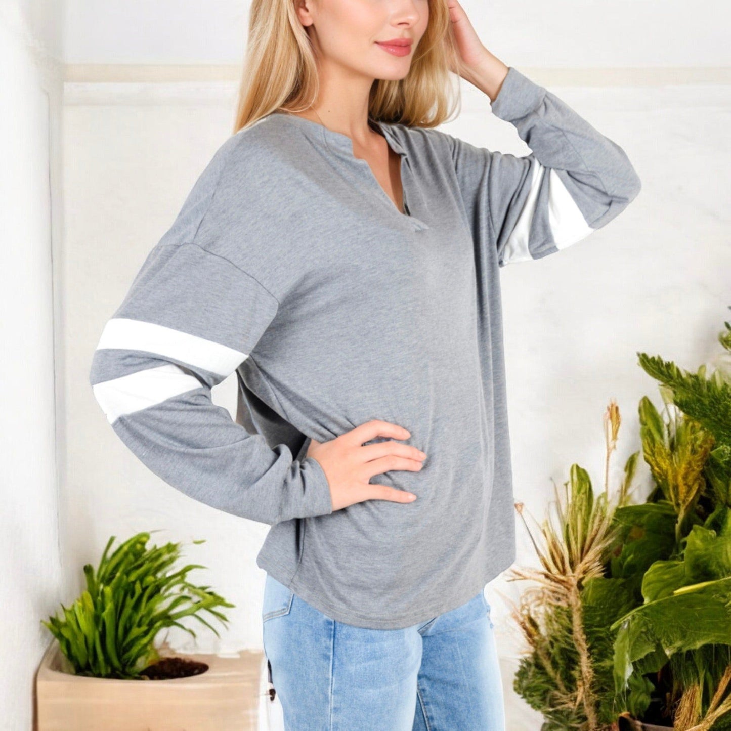 Long Sleeve V-Neck Pullover with Contrast Sleeve Stripes