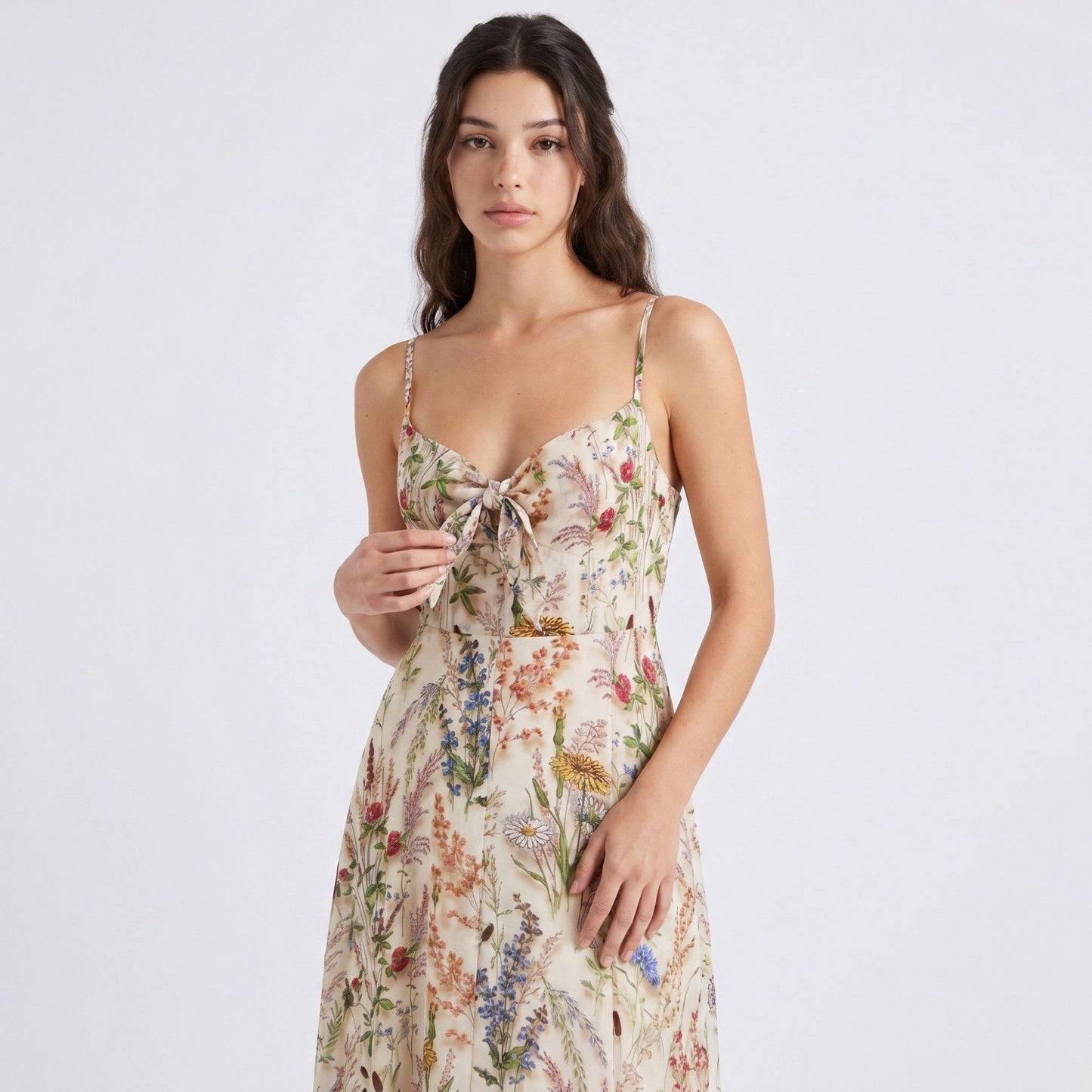 Floral Print Tie Front Maxi Dress with Spaghetti Straps and Flowy Skirt