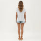 Short Sleeve Knit Top with Floral Eyelet Pattern and Ribbed Crew Neck
