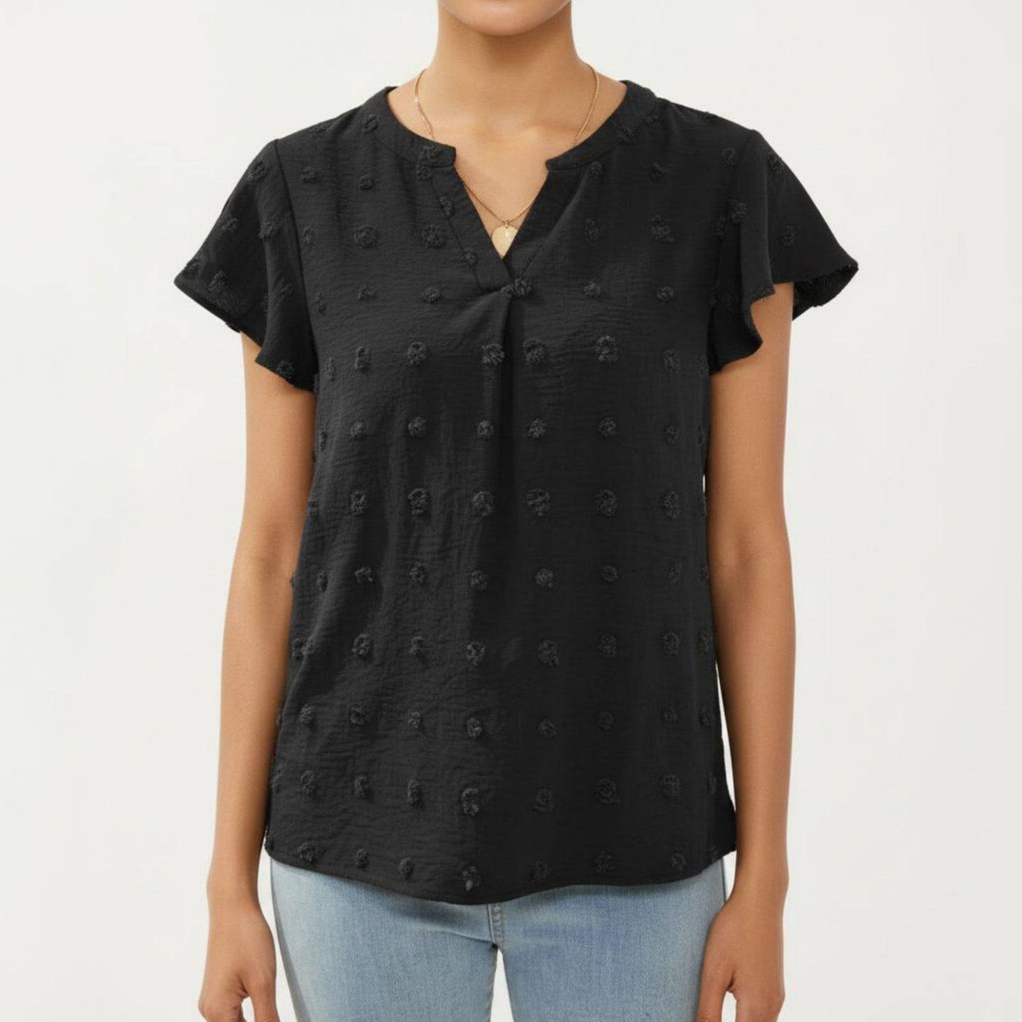 Short Sleeve Swiss Dot Top with Split Neckline and Soft Textured Fabric