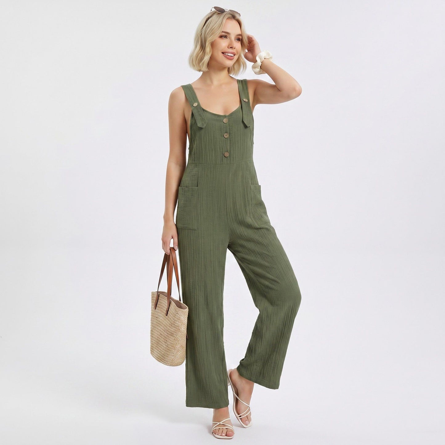 Button Front Jumpsuit Sleeveless Wide Leg Utility Pocket Outfit