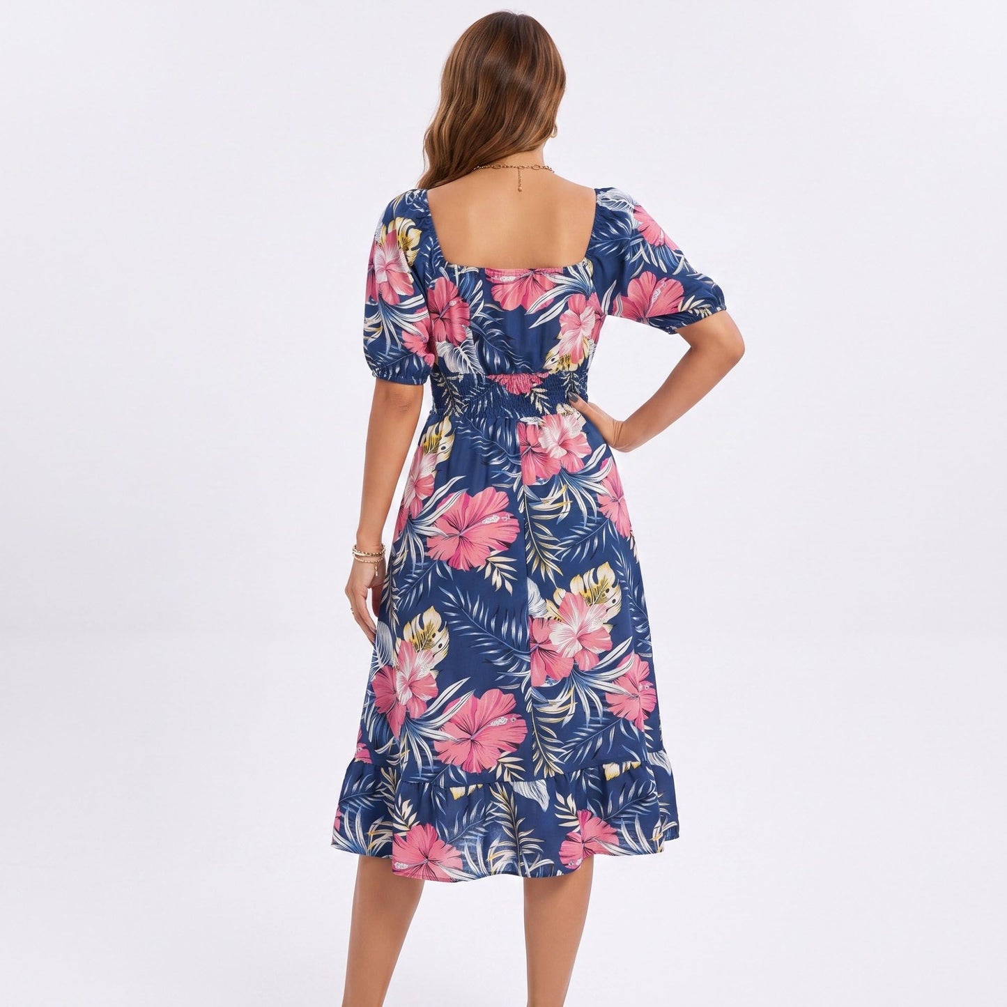 Tropical Floral Square Neck Smocked Waist Midi Dress
