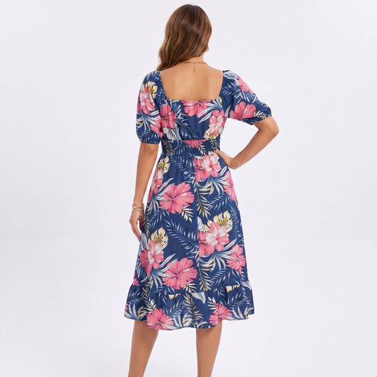 Tropical Floral Square Neck Smocked Waist Midi Dress