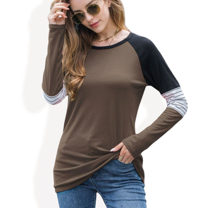 Long Sleeve Color Block Raglan Top Striped Sleeve Detail