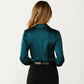 Satin Button Down Blouse with Collared Neckline and Three Quarter Sleeves