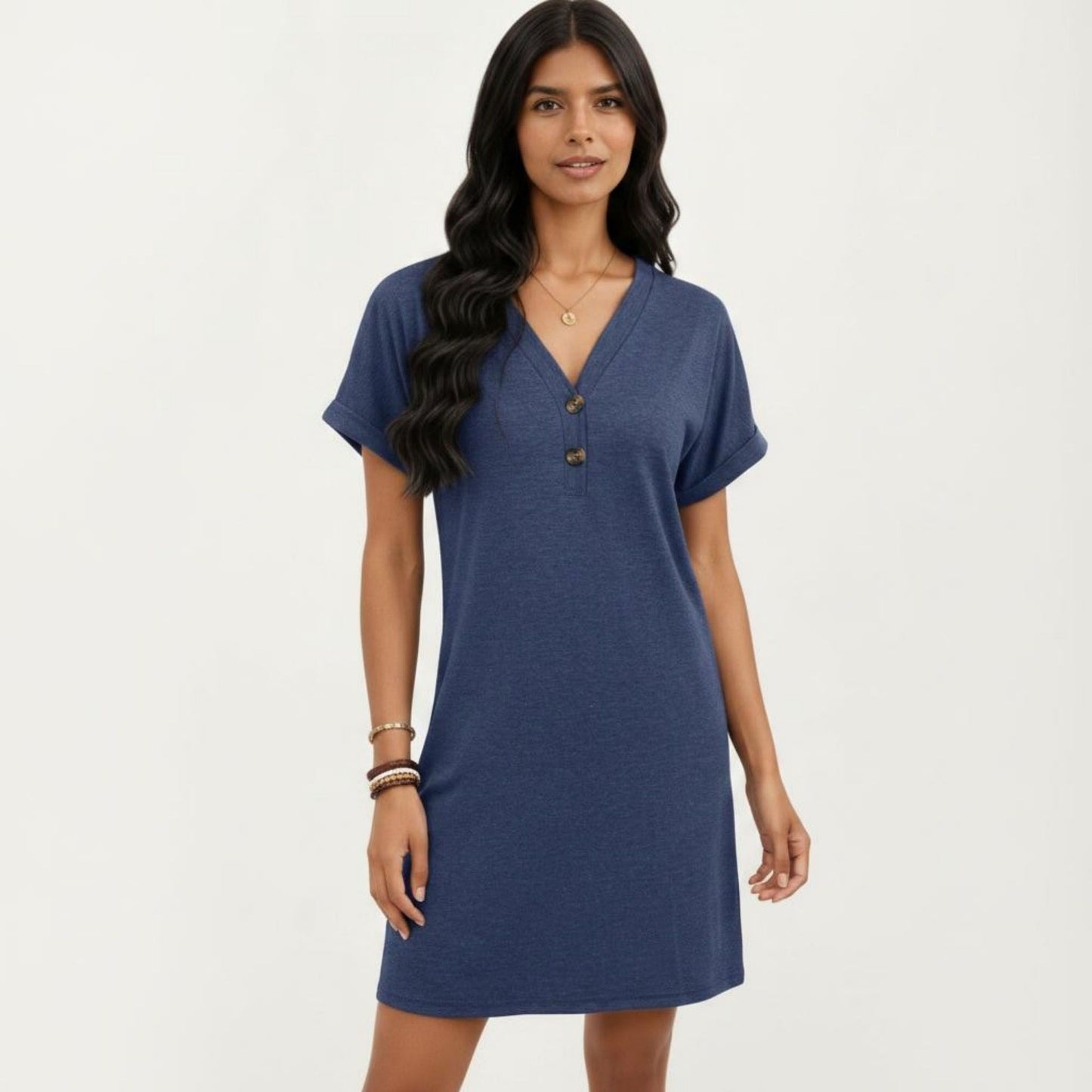 Short Sleeve V Neck Shift Dress with Button Detail Relaxed Fit Casual Tunic Dress