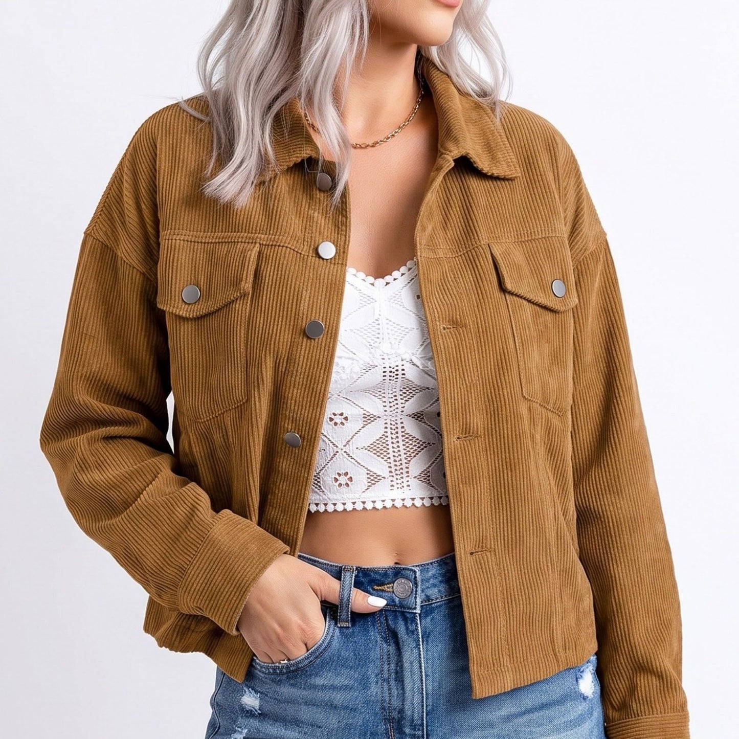 Cropped Button Front Shirt Jacket with Patch Pockets