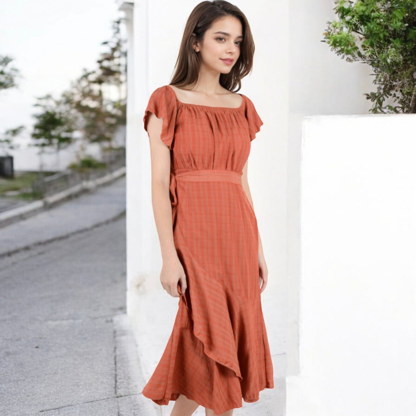 Off-Shoulder Plaid Midi Dress with Flutter Sleeves