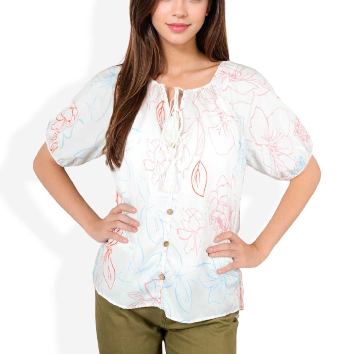 Floral Print Blouse with Tassel Tie Neckline