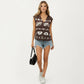 Sleeveless Floral Knit Vest Top with V-Neck Front and Button Detail